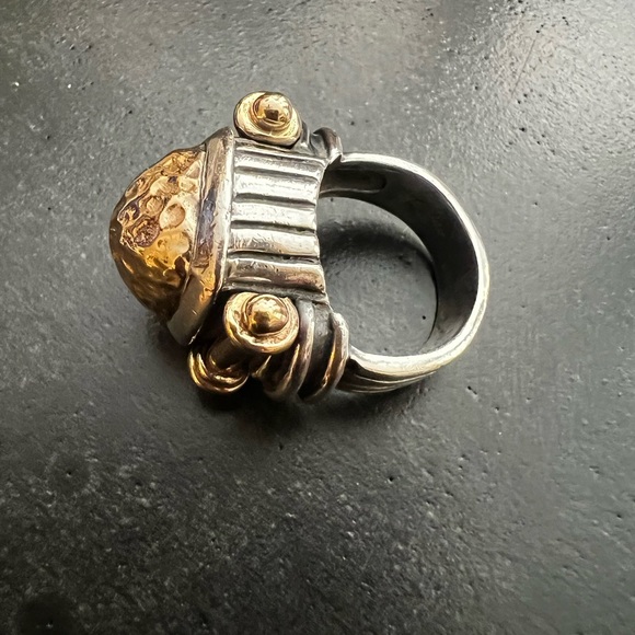 Dian Malouf Ring/14K YG and 925 SS Hammered Dome Drum Ring Max Gold Side Accents - Picture 6 of 11